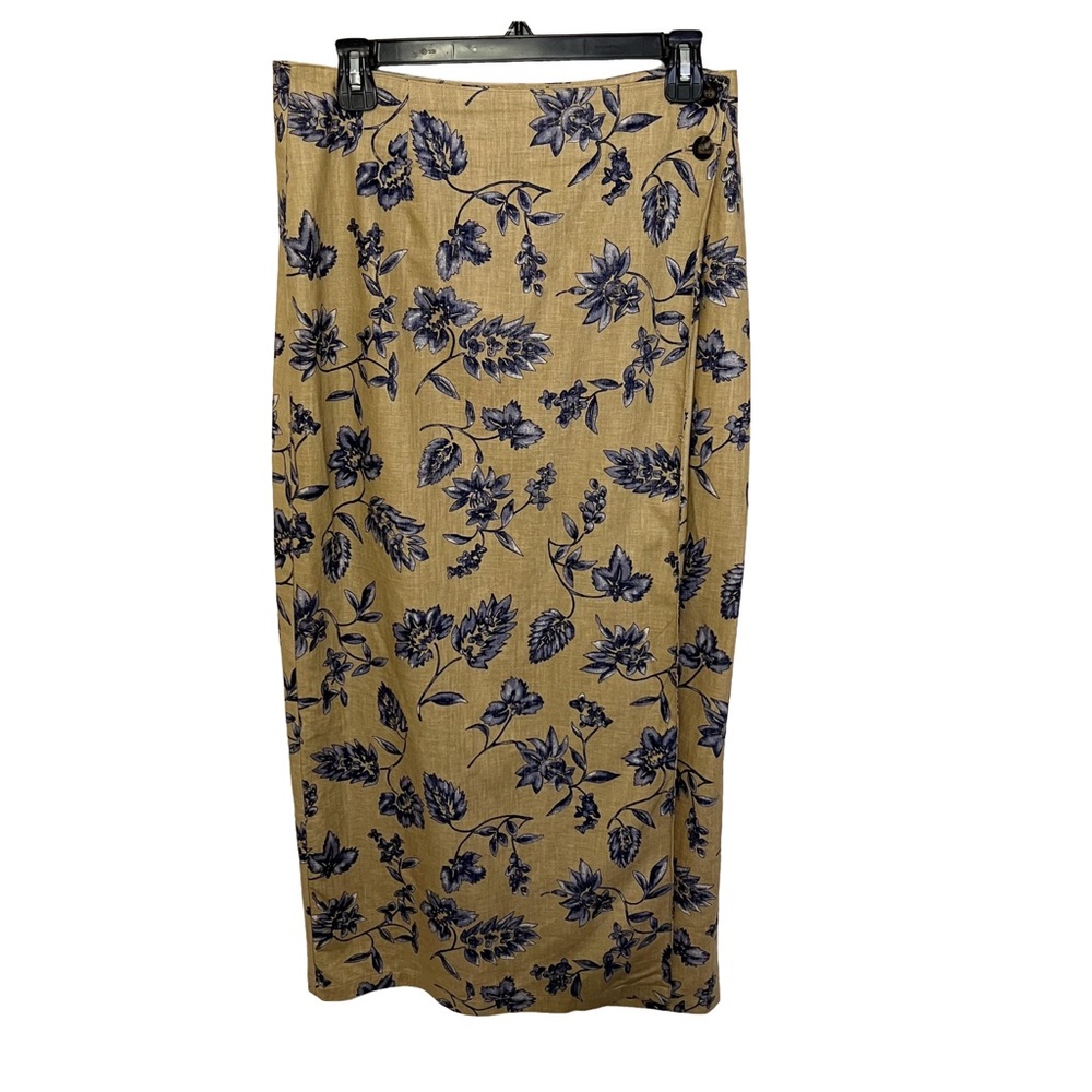 Sonoma Maxi Wrap Skirt 12 Linen Cotton Tan Blue Floral